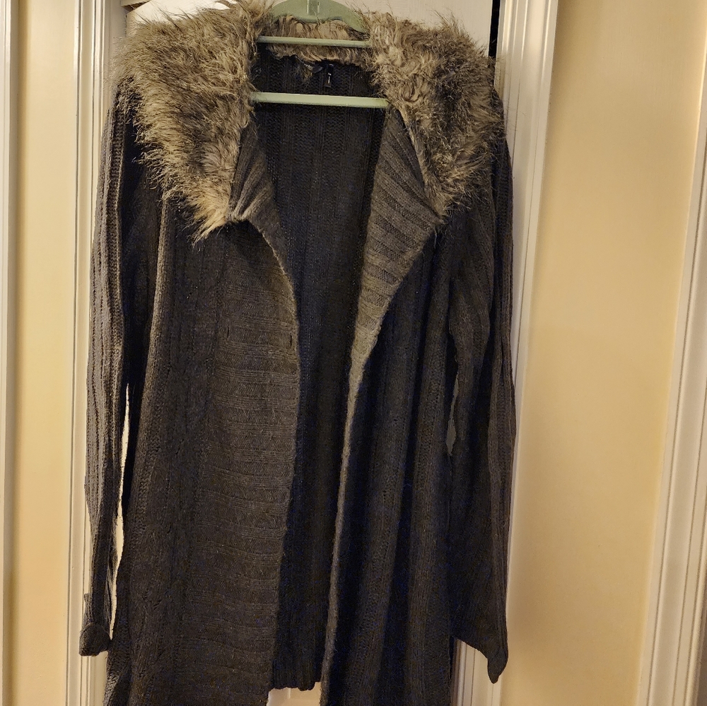 Beautiful Charcoal long cardigan sweater with fur collar.